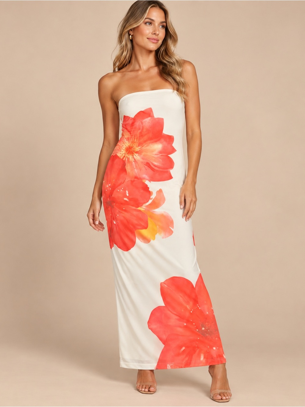 Strapless White Maxi Dress with Coral Floral Print